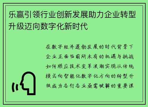 乐赢引领行业创新发展助力企业转型升级迈向数字化新时代